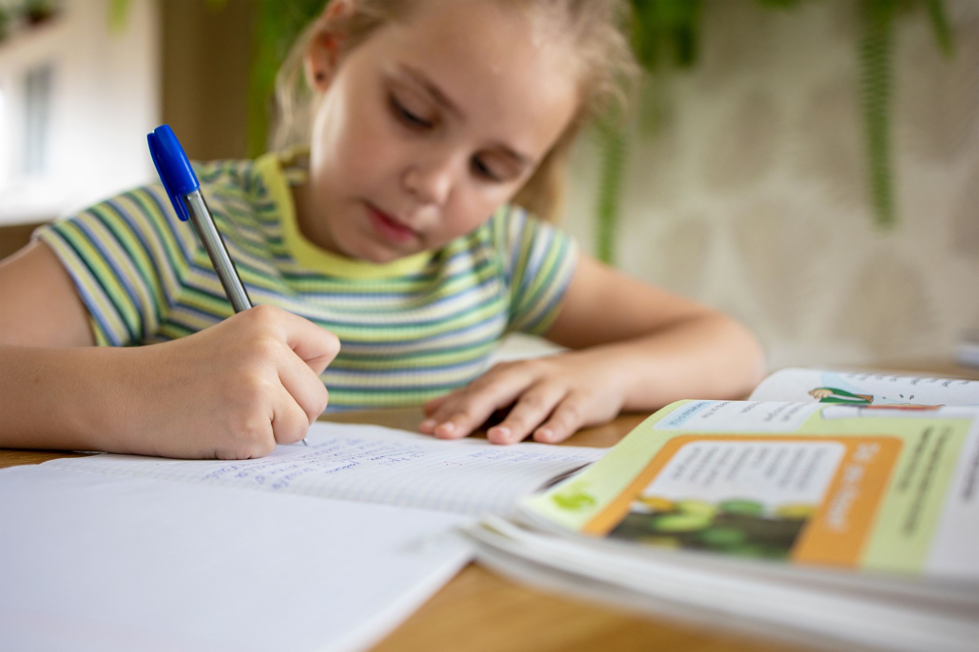 Portrait of a charming blonde girl who does her homework using textbooks and a workbook. The idea of remote learning online and at home.